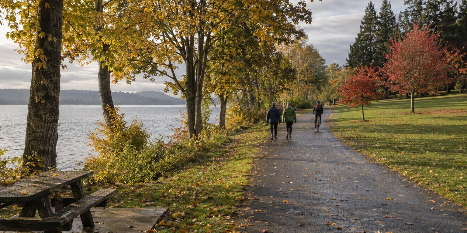 The lakeshore path at Magnuson Park in October, Lake Washington on the left, maples and cottonwoods turning yellow